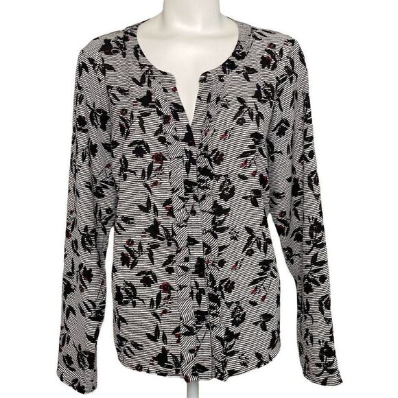 Candie's Blouse Top Women's XL Black White Red Button-Front Split-Neck Floral‎ - Picture 5 of 12